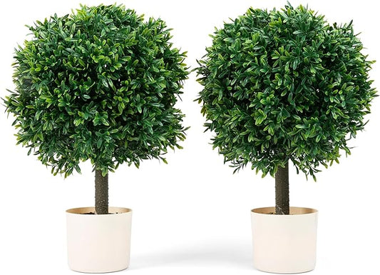 Premium 16" Diameter Artificial Japanese Boxwood Topiary – Set of 2 Faux Plants in Beige Decorative Planters – Realistic, UV-Resistant, Weatherproof Outdoor & Indoor Décor-VerdiqueGarden