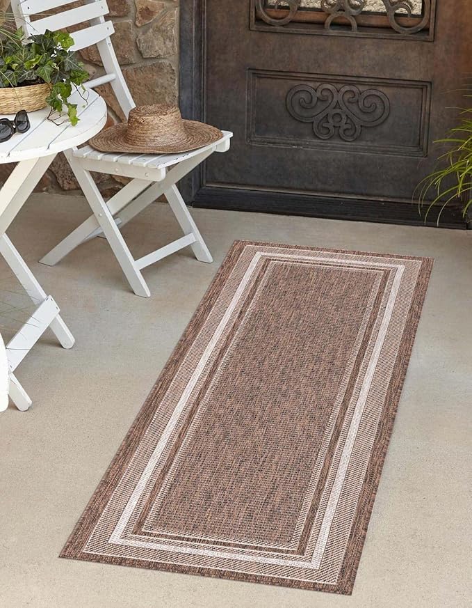 Unique Loom Outdoor Border Collection Area Rug - Soft Border (2' x 8' Runner, Brown/ Ivory)-VerdiqueGarden