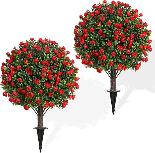Artificial Rose Topiary Trees, 17 Inch UV-Resistant Red Flowers, Set of 2 with Ground Stakes, Indoor Outdoor Decorative Plants-VerdiqueGarden