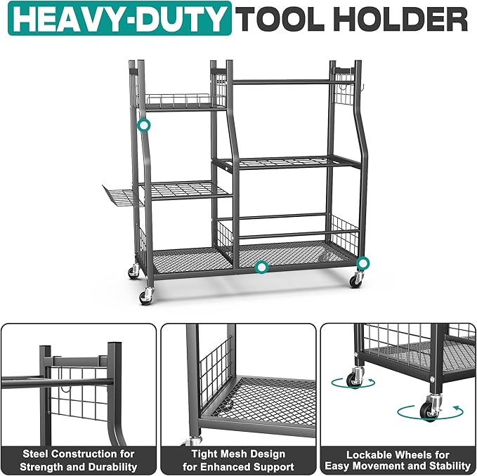 EVERHANGER Garden Tool Organizer Stand, Garage Tool Storage Organization, Yard Tool Racks with lockable wheels, Fit for Long-Handled Tools/Rakes/Brooms-VerdiqueGarden