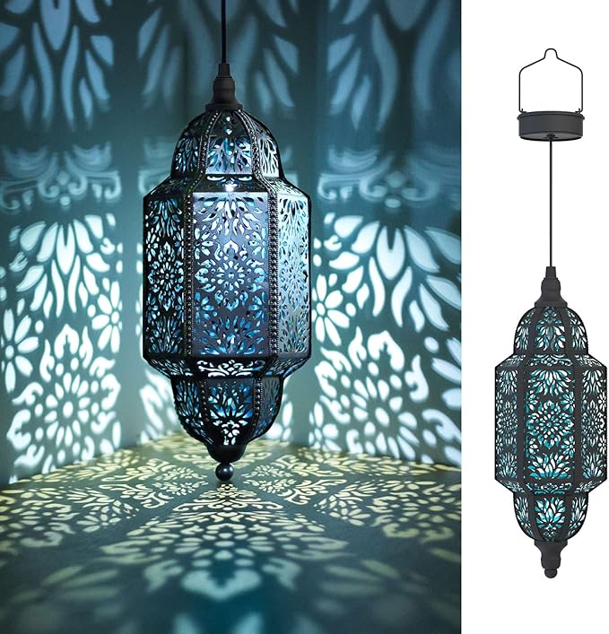 Twinkya Hanging Solar Lights Outdoor Garden Decorative Solar Lantern Waterproof Metal Moroccan Outdoor Decorations for Patio Pathway Yard Porch Backyard Garden Decor (Black, 1 Pack)-VerdiqueGarden