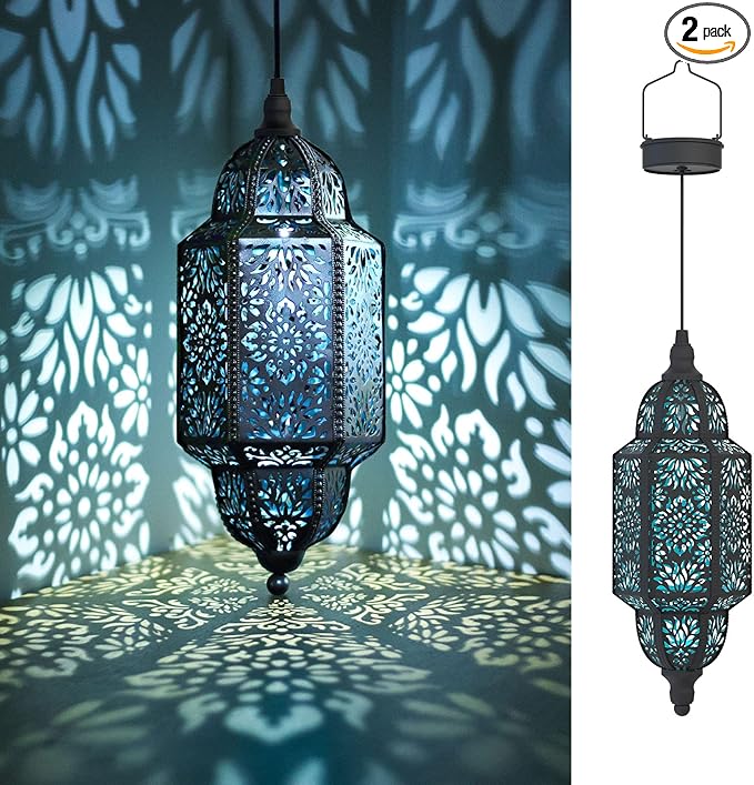 Twinkya 2 Pack Hanging Solar Lights Outdoor Garden Decorative Solar Lantern Waterproof Metal Moroccan Outdoor Decorations for Patio Pathway Yard Porch Backyard Garden Decor (Black, 2 Pack)-VerdiqueGarden