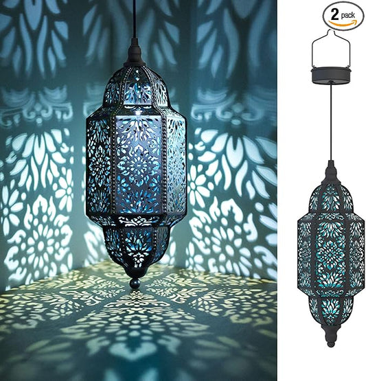 Twinkya 2 Pack Hanging Solar Lights Outdoor Garden Decorative Solar Lantern Waterproof Metal Moroccan Outdoor Decorations for Patio Pathway Yard Porch Backyard Garden Decor (Black, 2 Pack)-VerdiqueGarden