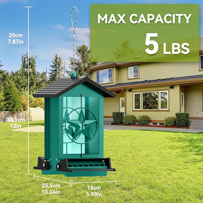Squirrel Proof Bird Feeder for Outdoors Hanging, Metal Wild Bird Seed Feeder with Bilateral Weight-Activated Perches, 5LB Large Capacity Wild Bird Feeders for Outside Finch, Cardinal, Blue Jay-VerdiqueGarden