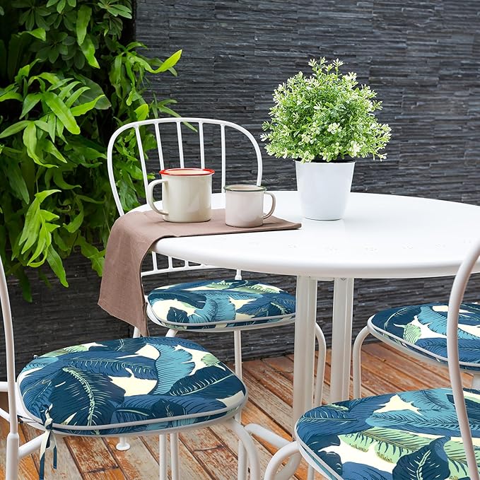 Indoor/Outdoor Chair Cushions 16x17 Inch, Patio Chair Cushions with Ties, All Weather Seat Cushions for Patio Furniture Home Garden Chair Use, Set of 2, Swaying Palms Blue-VerdiqueGarden