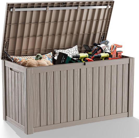 DRATO 150 Gallon Outdoor Storage Box, Large Waterproof Deck Box, Lockable Resin Storage Container with Reinforced Support for Patio Cushions, Garden Tools, UV-Resistant Outdoor Chest（Black）-VerdiqueGarden