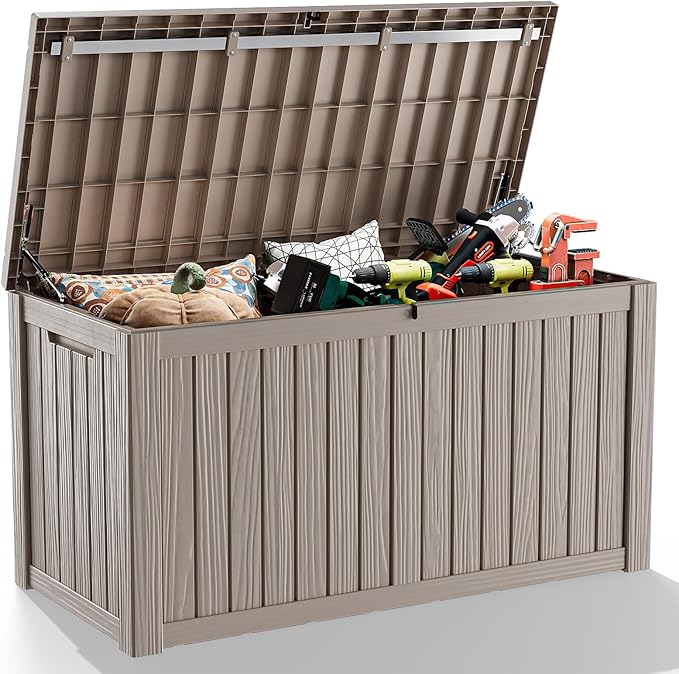 DRATO 150 Gallon Outdoor Storage Box, Large Waterproof Deck Box, Lockable Resin Storage Container with Reinforced Support for Patio Cushions, Garden Tools, UV-Resistant Outdoor Chest-VerdiqueGarden