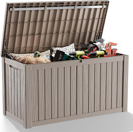 DRATO 150 Gallon Outdoor Storage Box, Large Waterproof Deck Box, Lockable Resin Storage Container with Reinforced Support for Patio Cushions, Garden Tools, UV-Resistant Outdoor Chest-VerdiqueGarden