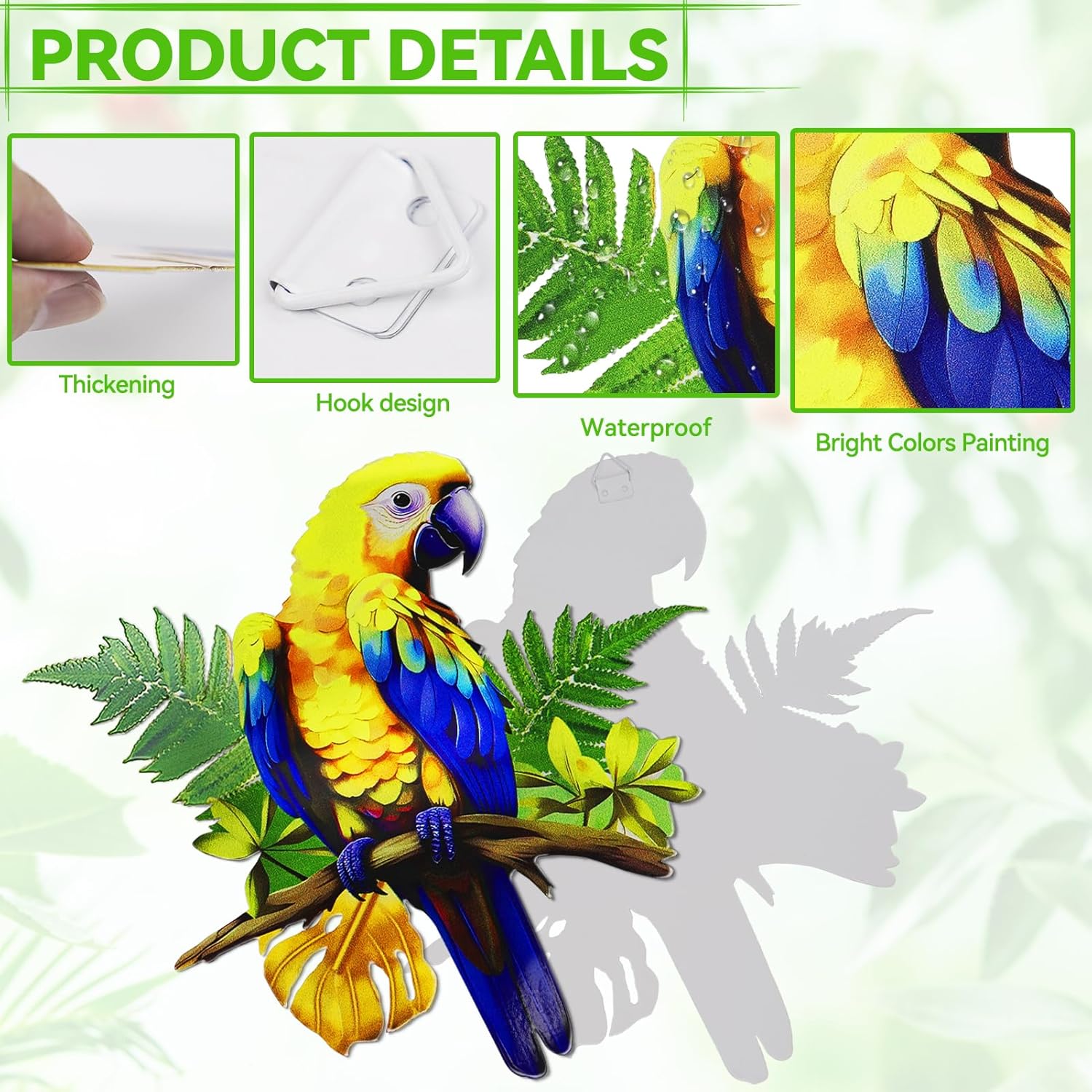 ULENDIS 2 Pack Metal Parrot Wall Decor, 11.8" Bright Color Tropical Bird Macaw Outdoor Wall Art Patio Fence Decorations, Hanging Bird Decor for Garden Yard Living Room Bedroom Balcony-VerdiqueGarden