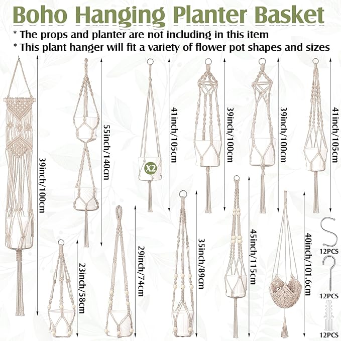 Hoteam 12 Pcs Macrame Plant Hangers Macrame Hanging Planters for Indoor Plants Handmade Boho Hanging Baskets Flower Pots Holder for Outdoor Home Wall Decor-VerdiqueGarden