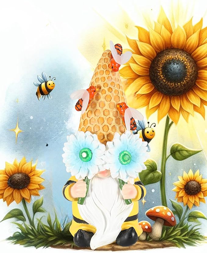 iStatue Garden Gnomes Outdoor Clearance with Solar Bee Lights - 9.5'' Resin Figurine Honeycomb Sunflower Spring Summer Decoration for Home Garden Decor Lawn Ornaments (Mr Bee Gnome)-VerdiqueGarden