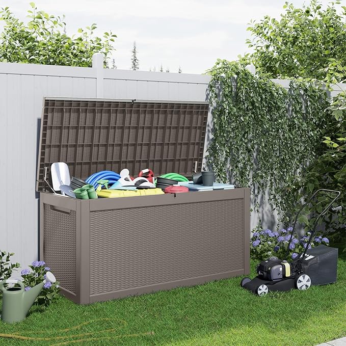 260 Gallon Resin Deck Box, Lockable Patio Outdoor Storage Box for Furniture, Garden Tools and Tools Storage, Waterproof Outside Storage Boxes - Grey-VerdiqueGarden