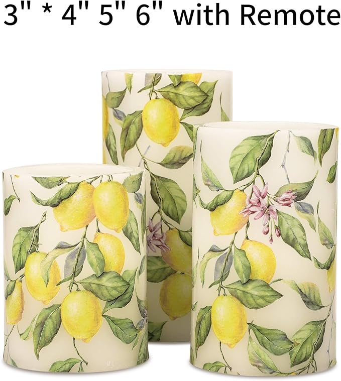 Flameless Candles Lemon Decor Battery Operated Lights with Remote Real Wax Flicker Electric Pillar Fake Candle for Home Bridal Shower Coffee Table Party Decorations Birthday Gifts for Women-VerdiqueGarden