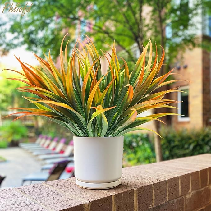 6Pcs Artificial Grass Fake Plants 17.3in Outdoor Plastic Plants UV Resistant Greenery Fake Grass for Home Window Garden Office Patio Hanging Planter Pathway Front Porch Décor Orange Yellow-VerdiqueGarden