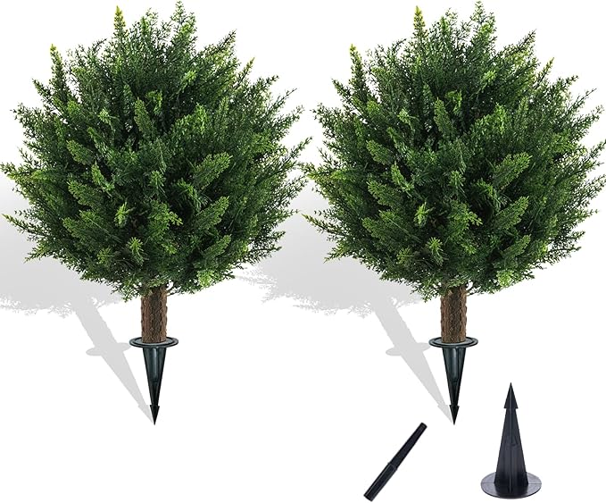 21" Artificial Cypress Topiary Outdoor Plants with Spike, 2 Pack Faux Cedar Bushes UV Resistant Fake Shrubs for Front Porch Décor-VerdiqueGarden