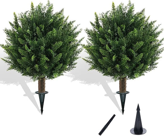 21" Artificial Cypress Topiary Outdoor Plants with Spike, 2 Pack Faux Cedar Bushes UV Resistant Fake Shrubs for Front Porch Décor-VerdiqueGarden
