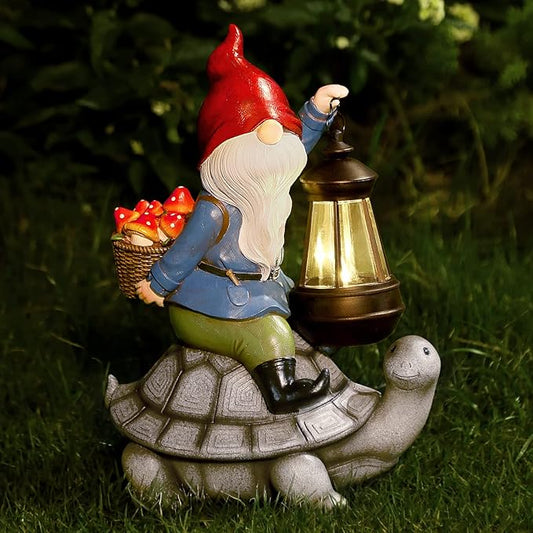 Gnome and Turtle Garden Decor, Large Outdoor Garden Sculptures & Statues, Outside Patio Yard Lawn Decorations, Housewarming for Women, Mom, Grandma with Solar Lantern-VerdiqueGarden