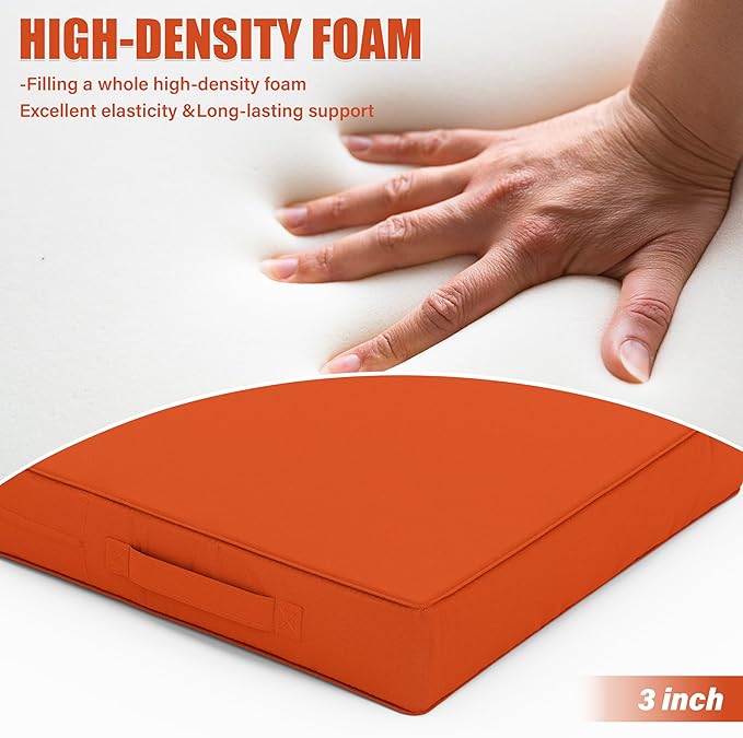 Patio Chair Cushions 17 X 16 X 3 Inch Waterproof Outdoor Seat Cushions for Patio Furniture, Outdoor Sofa Couch Pads with Ties & Handle, Set of 2, Orange-VerdiqueGarden