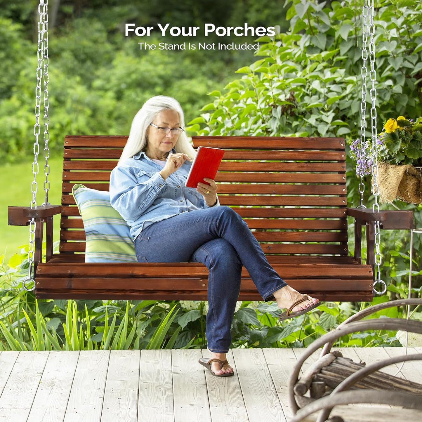 VINGLI XL Size Patio Wooden Porch Swing Outdoor with Cup Holders, Heavy Duty 880 LBS Hanging Swing Chair Bench with Hanging Chains for Yard, Lawn, Garden (4 FT Pro, Rustic)-VerdiqueGarden