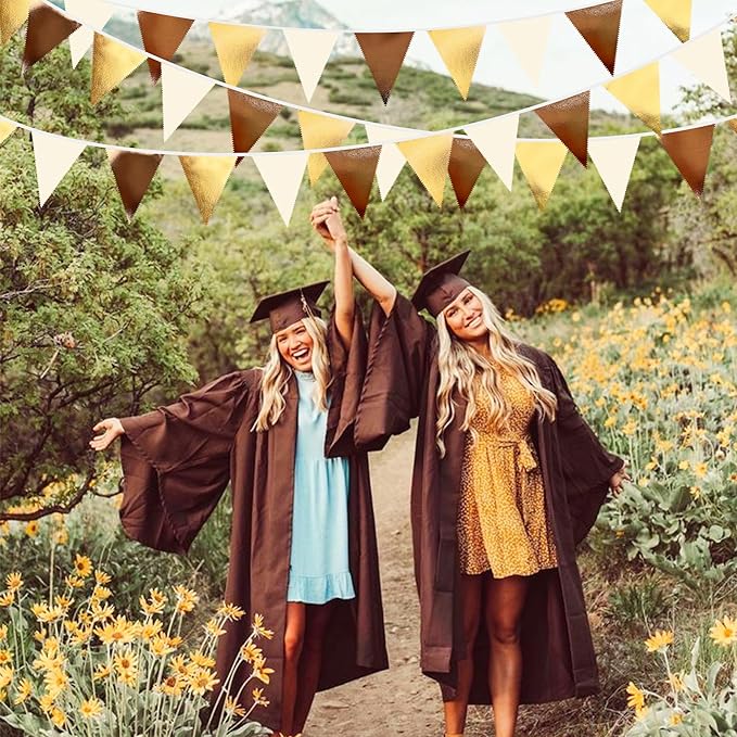 Brown Beige and Gold Party Decorations Fabric Triangle Pennant Banner Flag Bunting Garland for Boho Neutral Rustic Cowboy Western Teddy Bear Birthday Baby Shower Graduation Engagement Party Supplies-VerdiqueGarden