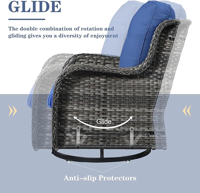 Patio Swivel Rocking Chairs - Outdoor Wicker Glider Swivel Rcoker, 3 Pieces Patio Wicker Furniture Sets for Porch Includes 2 Swivel Rocking Chair and 1 Side Table-VerdiqueGarden