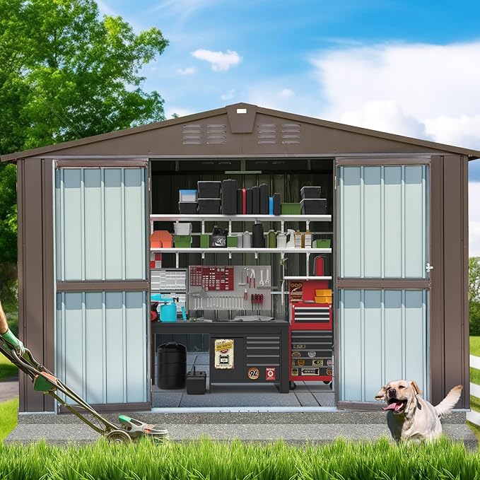 Domi Outdoor Storage Shed 10' x 8’, Metal Garden Shed with Galvanized Steel Frame for Bike, Tools, Lawn Mowers, Pool Toys, Outdoor Storage Cabinet with Lockable Door for Garden Lawn Patio (Dark Brown)-VerdiqueGarden