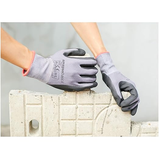 Amazon Basics Micro-Foam Nitrile Coated Work Gloves, Nylon Liner Fiber, Touch Screen, Grey, Size 9/L, 12 Pairs-VerdiqueGarden
