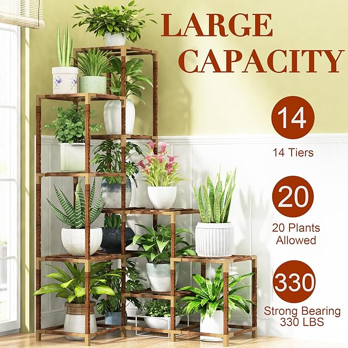 HOMKIRT Corner Plant Stand with Grow Lights, 14 Tier Tall Plant Shelf Indoor Outdoor for Multiple Plants, Wood Plant Ladder Rack Holder Display Flower Stand for Patio Porch Garden Living Room-VerdiqueGarden
