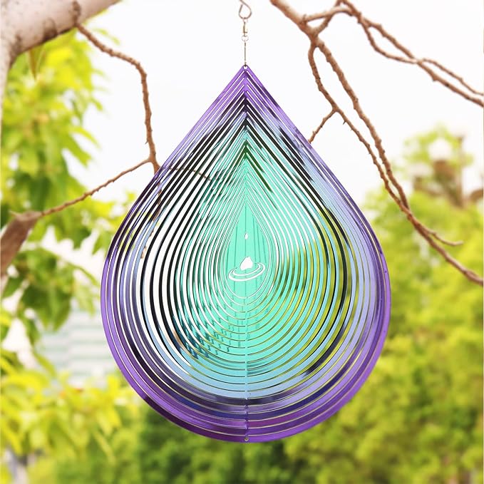Wind Spinner Garden Indoor Outdoor Decor 3D Stainless Steel Metal Hanging Decorations, 3D Water Droplets Pattern Metal Wind Sculptures & Spinners Whirligig Gifts with 12inch(Green&Purple)-VerdiqueGarden