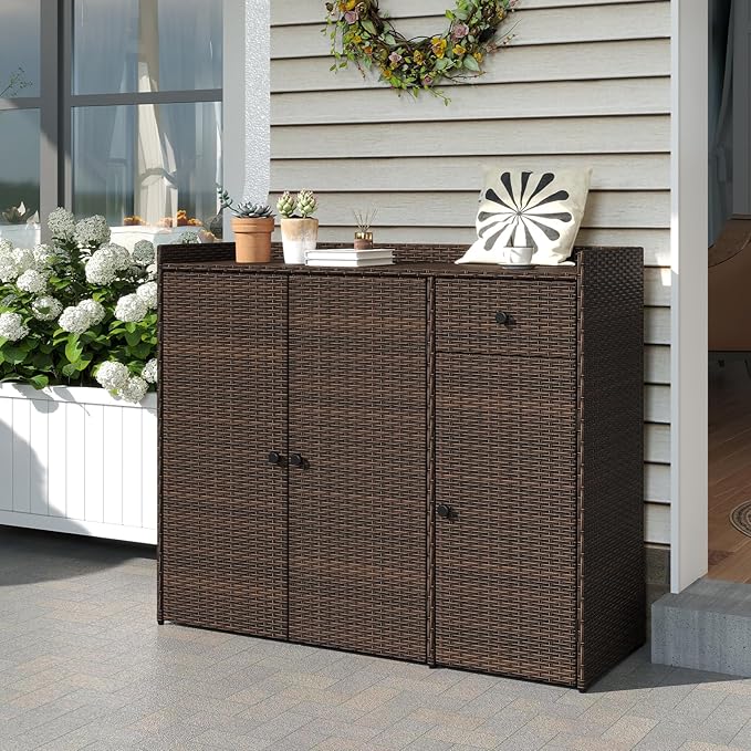 Tangkula Rattan Outdoor Storage Cabinet, Patiojoy Outdoor Cabinet with 4 Adjustable Shelves, 1 Drawer, 3 Doors, Patio Storage Deck Box Table for Patio Garden Poolside (Mix Brown)-VerdiqueGarden