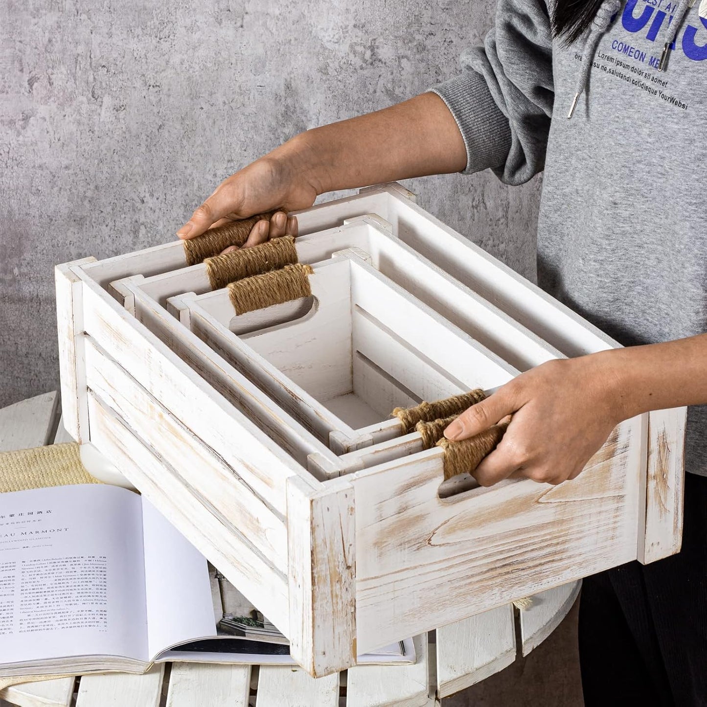 TIMRIS Set of 3 Rustic Wood Nesting Crates, Farmhouse Wooden Storage Container Boxes with Cutout Handles, Decorative Wooden Baskets for Display (Whitewash)-VerdiqueGarden