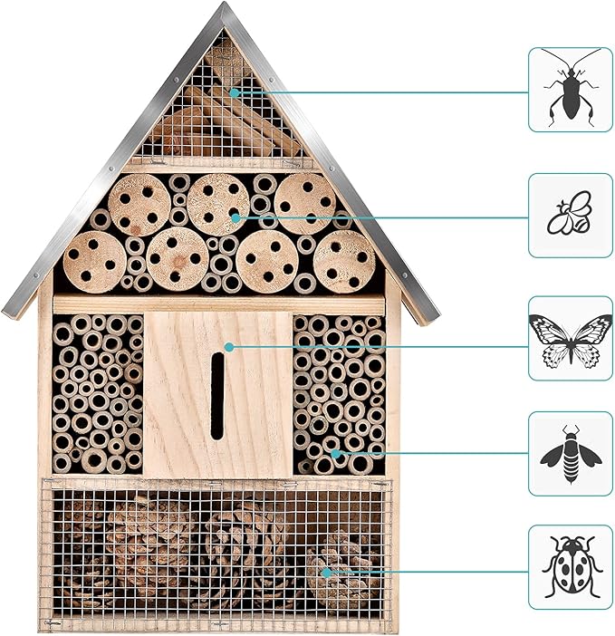 Wooden Mason Insect Bee Butterfly House,Insect Hotel,an Outdoor Hanging Bamboo Habitat for Bee Butterfly Ladybugs Live,Bee Box,Butterfly Habitat for Garden,9 x 15.7 x 2.5 Inch-VerdiqueGarden