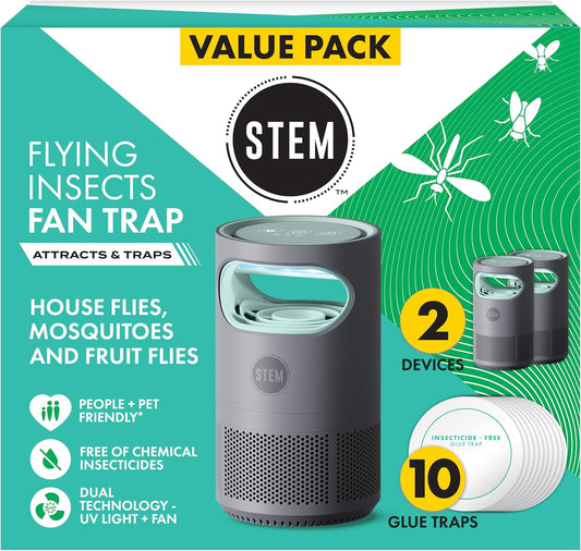 STEM Flying Insect Fan Trap for Indoor Bug Control, Attracts Mosquitoes, Fruit Flies, and House Flies, Plug-in Fan with UV Light, Starter Kit Includes 2 Devices and 10 Glue Traps-VerdiqueGarden