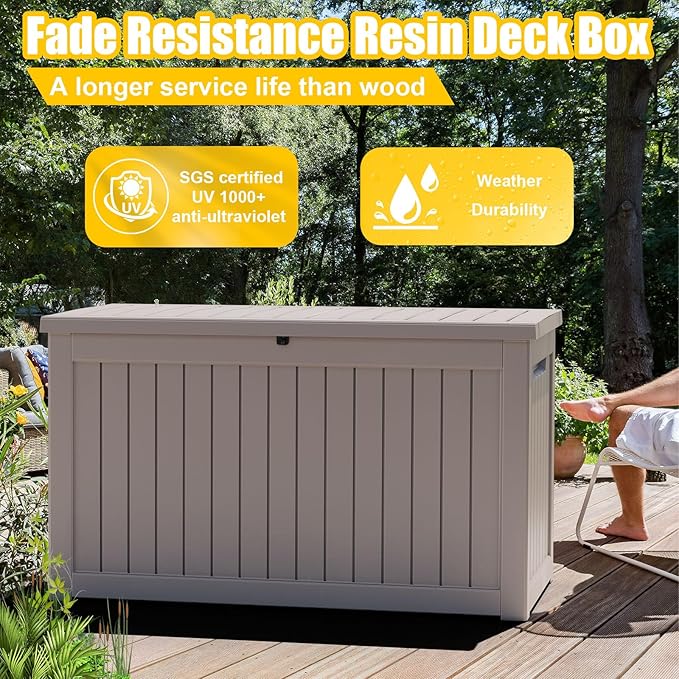 XXL 230 Gallon Large Resin Deck Box, Lockable Outdoor Storage Box for Patio Cushions Storage Furniture,Garden Tools, Pool Supplies, Weatherproof and UV Resistant- Grey (230 Gallon)-VerdiqueGarden