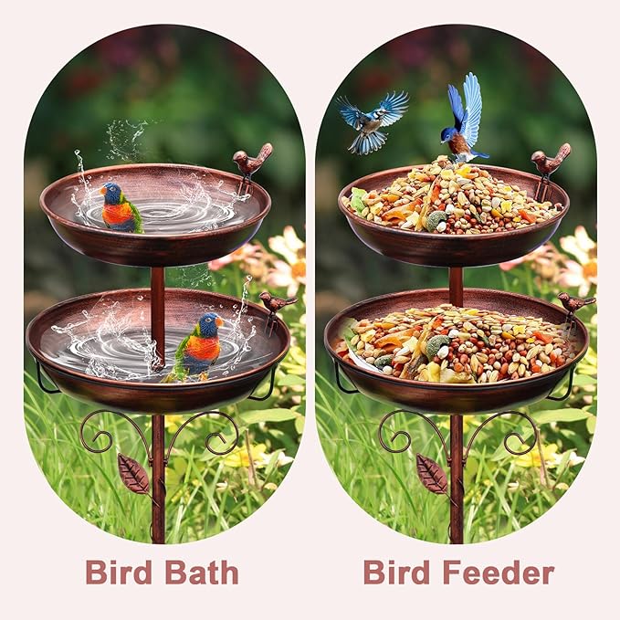 Metal Bird Bath for Outside, 2-in-1 Birdfeeder and Bath, 42 Inch Tall Stand with Hummingbird, Large 12Inch & Small 7.9Inch Bird Bath Bowl, 3 Bird Decor for Garden, Antique Bronze-VerdiqueGarden