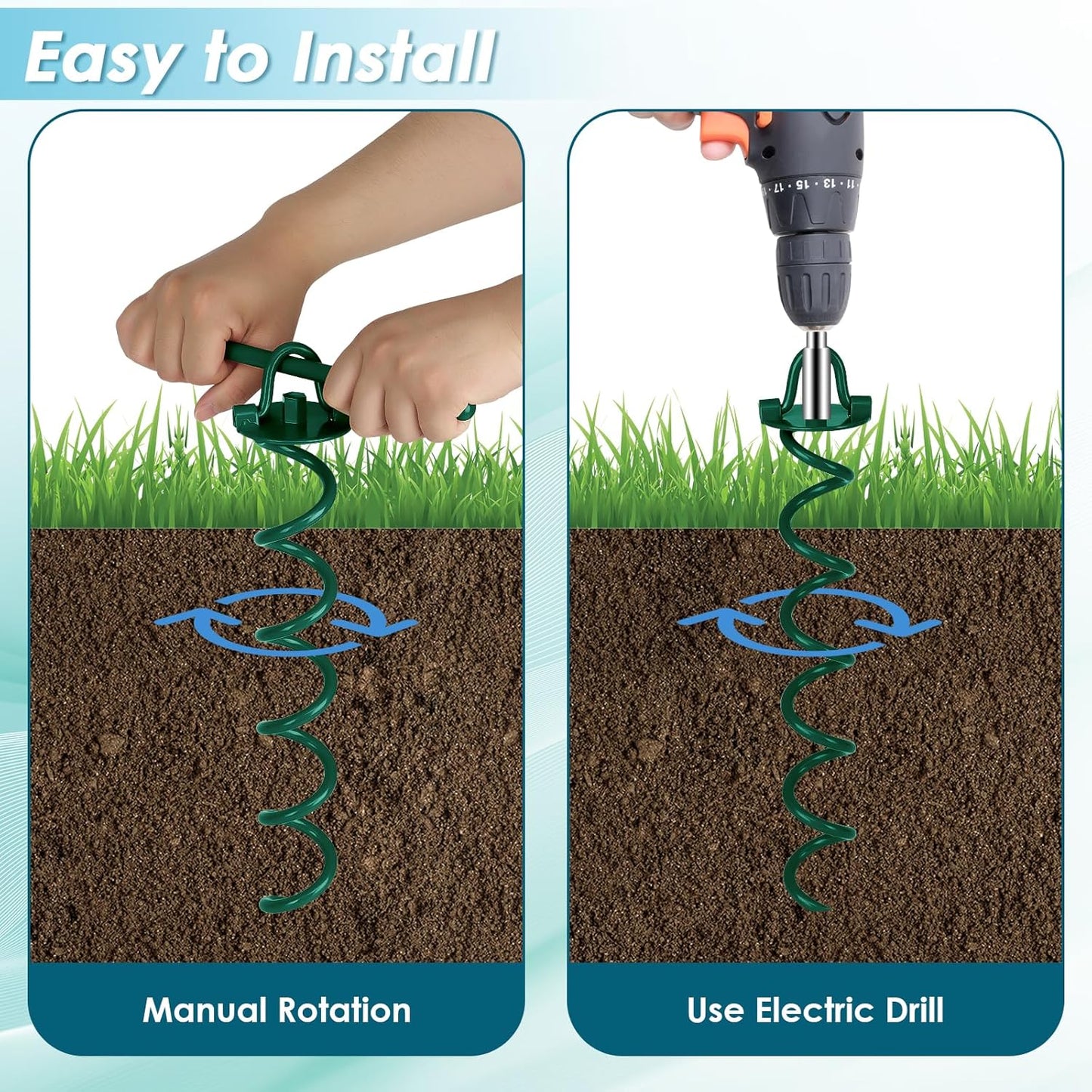 FEED GARDEN 16 Inch Spiral Ground Anchors Heavy Duty Screw in Spiral Stakes, 4 Pack Folding Ring Ground Stakes for Securing Dogs,Tents, Trampolines, Canopies, Swing Sets,Green-VerdiqueGarden