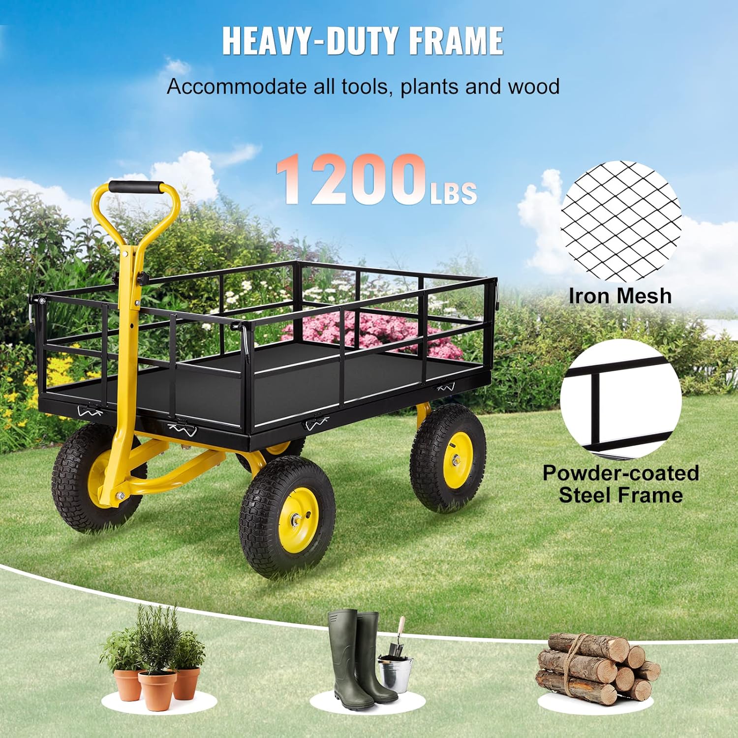 VEVOR Steel Garden Cart, Heavy Duty 1200 lbs Capacity, with Removable Mesh Sides to Convert into Flatbed, Utility Metal Wagon with 2-in-1 Handle and 13 in Tires, Perfect for Garden, Farm, Yard-VerdiqueGarden
