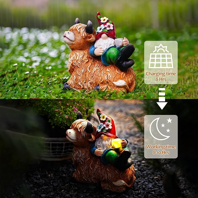 Garden Gnomes Decor Outdoor Statues Gnome on Highland Cow Hold Solar Cup Light Outdoor Decorations for Patio,Yard and Gift for Mom-VerdiqueGarden