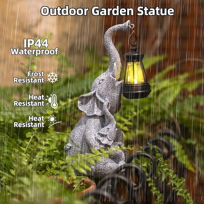 Solar Garden Elephant Statue Outdoor Decor, Cute Elephant Figurines Waterproof Garden Decor with Solar Lantern, Small Elephant Decor for Garden Yard Art Lawn Porch, Garden Gifts for Women (Elephant)-VerdiqueGarden