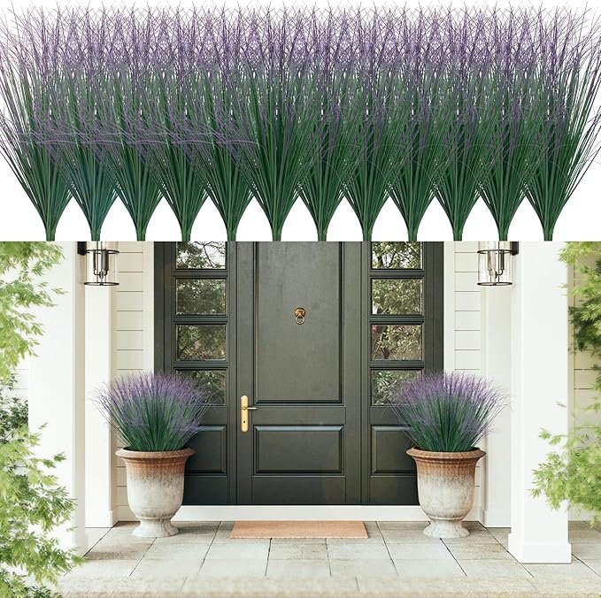 48Pcs Artificial Grass Plants, Faux Shrubs Wheat Grass, Artificial Tall Grass Fake Plants for Outdoor Decor,Artificial Greenery Stems Weed for Room Indoor Home Decor（Green Purple Tail）-VerdiqueGarden