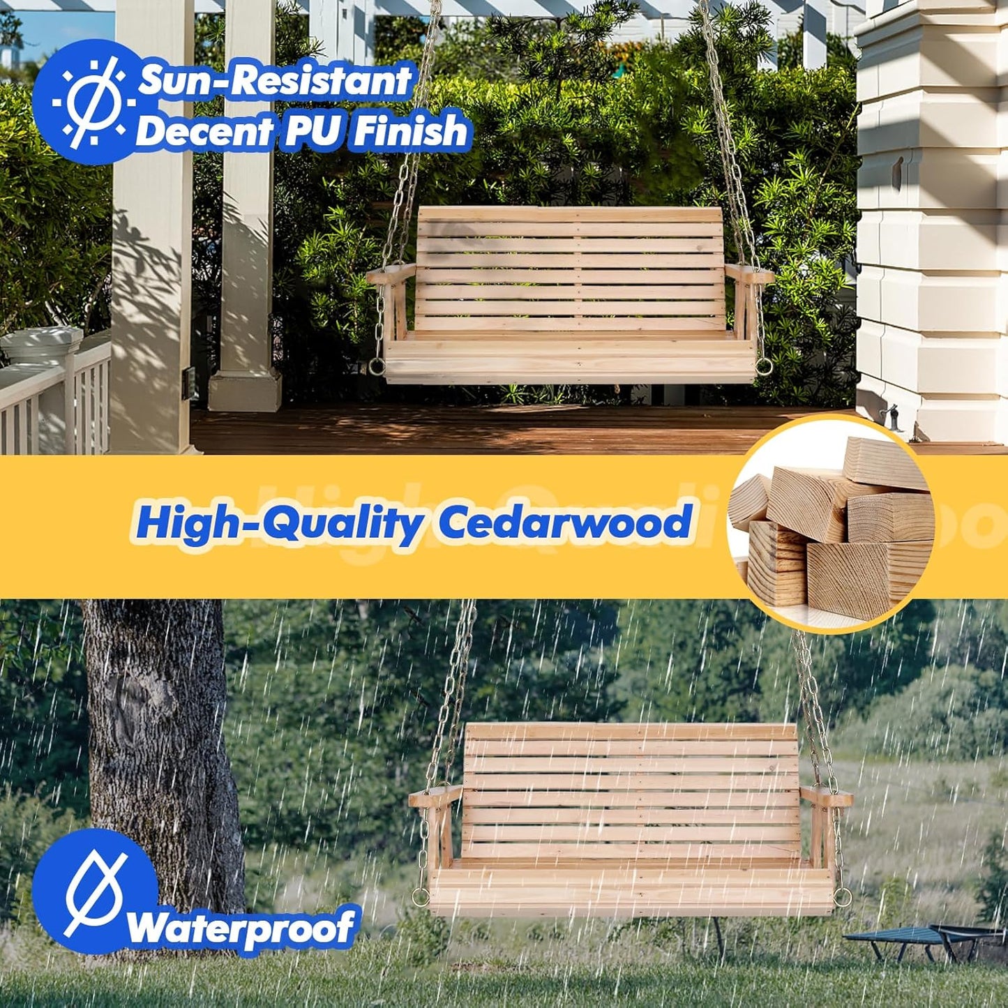 VINGLI Upgraded Patio Wooden Porch Swing for Courtyard & Garden, Heavy Duty 880 LBS Swing Chair Bench with Hanging Chains for Outdoors (Natural, 4 FT)-VerdiqueGarden