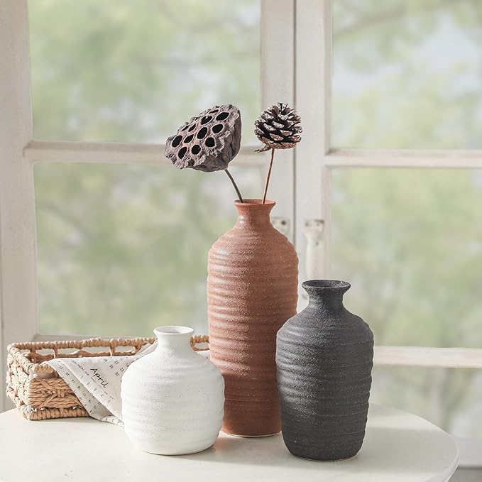 Ceramic Vase Set of 3 Neutral Decorative Vase for Farmhouse, Boho, or Rustic Home Decor Pottery Vases for Pampas Grass Living Room Bedroom Table Mantel Entryway Shelf (01-Brown)-VerdiqueGarden