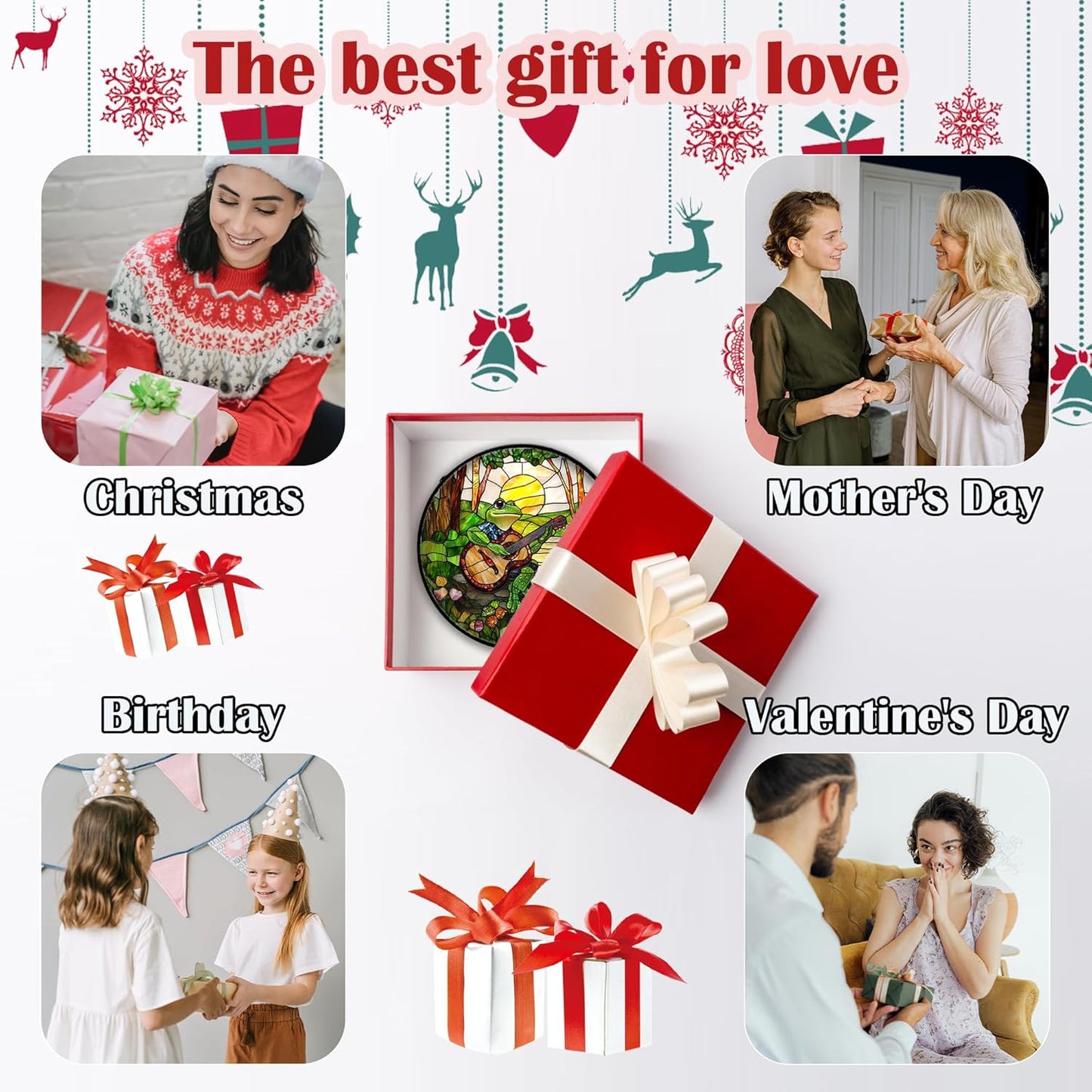 Stained Glass Window Hanging, Frog Playing Guitar Suncatcher Diamond Glass Panel Funny Sun Catchers Decor for Birthday for Women, Men, Wife, Aunt, and Mom 11.8x11.8 in-VerdiqueGarden