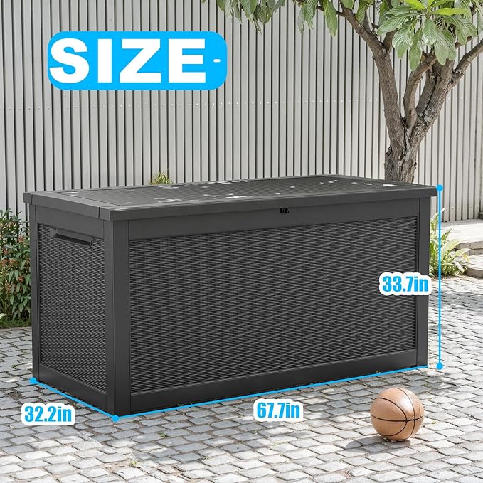 260 Gallon Large Resin Deck Box, Lockable Outdoor Storage Box for Patio Cushions Storage Furniture,Garden Tools, Pool Supplies, Weatherproof and UV Resistant-Black Rattan (260 Gallon)-VerdiqueGarden