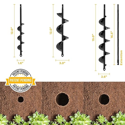 Auger Drill Bit for Planting 3 Pack with Extension - Spiral Hole Planter for Bulbs, Fence Posts, and Umbrella Holes - 3/8'' Hex Drive Drill- Gardening Hole Digger Yard Tools - Garden Drill Attachments-VerdiqueGarden