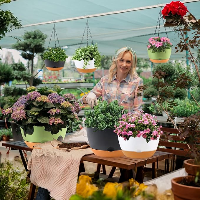 10 Inch Self Watering Hanging Pots, 3 Pack Hanging Planters-VerdiqueGarden