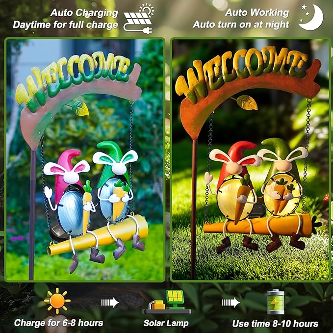 HONGLAND Solar Lights Outdoor Decor, Rabbit Swing Garden Decor, Funny Gardening Gifts for Women Mom, Gnomes Outdoor Decorations with Welcome Sign for Front Porch Patio-VerdiqueGarden