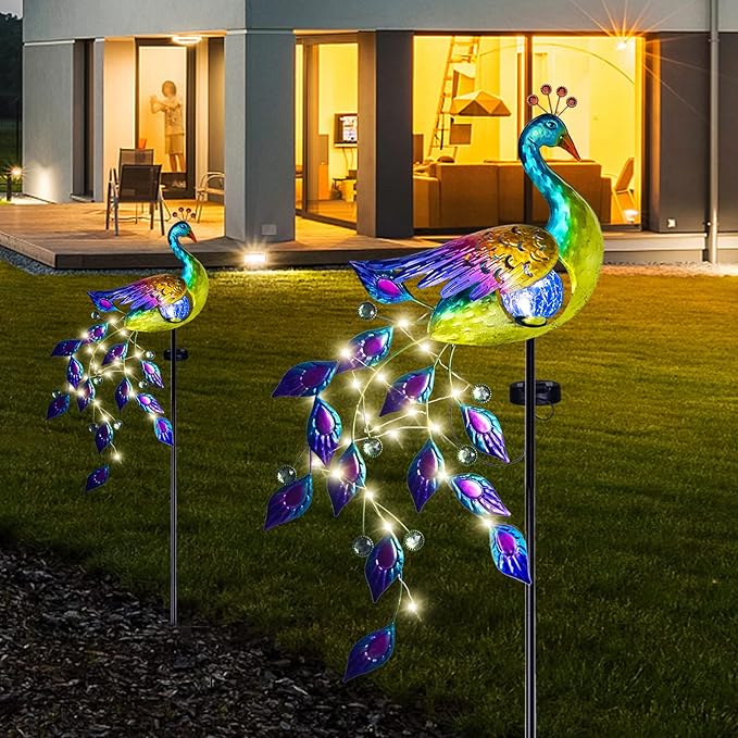 DREAMSOUL Solar Garden Lights Outdoor, Metal Peacock Decor Solar Lights Garden Stakes with Led String Lights, Waterproof Crackle Glass Ball Landscape Path Light for Lawn Patio-VerdiqueGarden