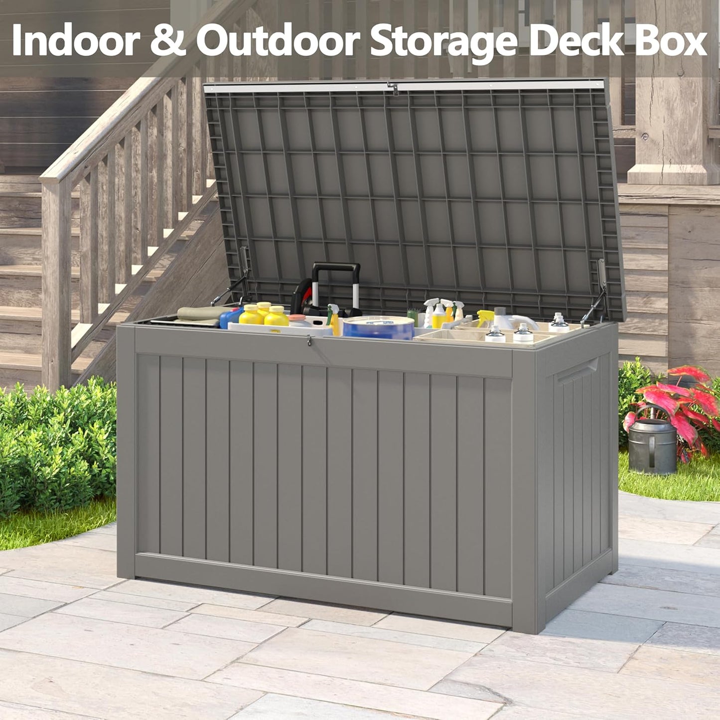 Outdoor Storage Box, 230 Gallon Deck Box, Waterproof and UV Resistant Large Resin Storage Bin, Organization and Storage for Patio Furniture, Outdoor Cushions, Garden Tools, Lockable-VerdiqueGarden