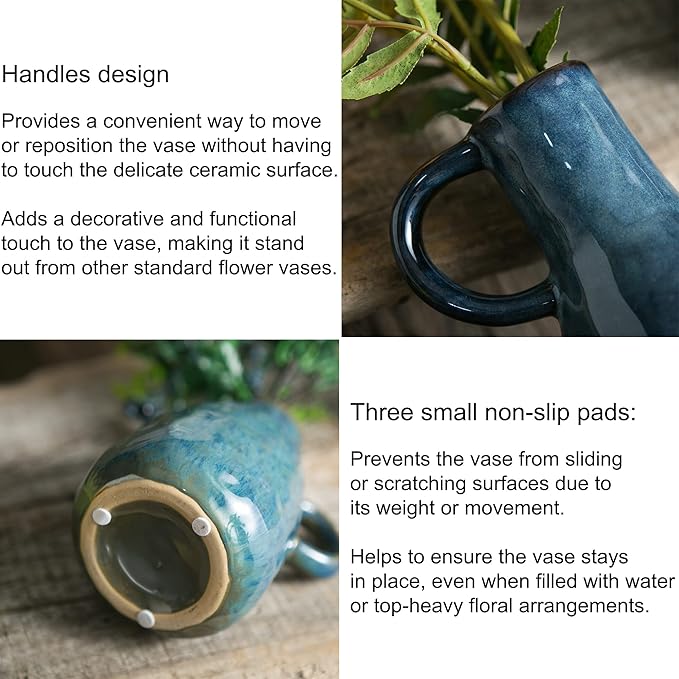 Ceramic Vase Set of 2, Blue Glazed Small Pottery Vases with Handles, Decorative Clay Vase Modern Farmhouse Decor, Centerpiece Dining Table Decorations Porcelain-VerdiqueGarden